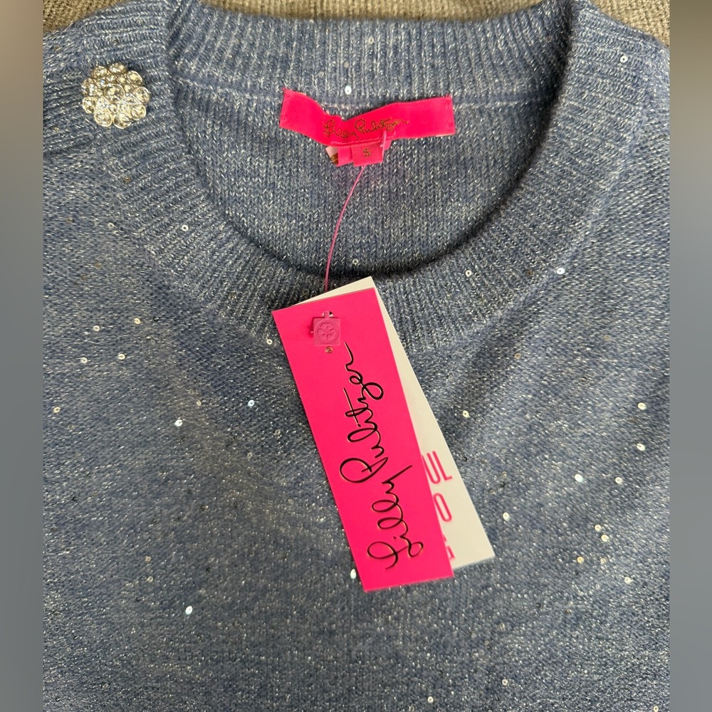 NWT Lilly Pulitzer Boca Blue Metallic Sparkling Morgan Sequin Crew Neck Sweater
